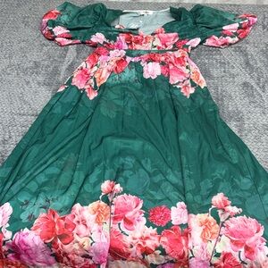 Emerald Green Floral Maxi Dress with Puff Sleeves